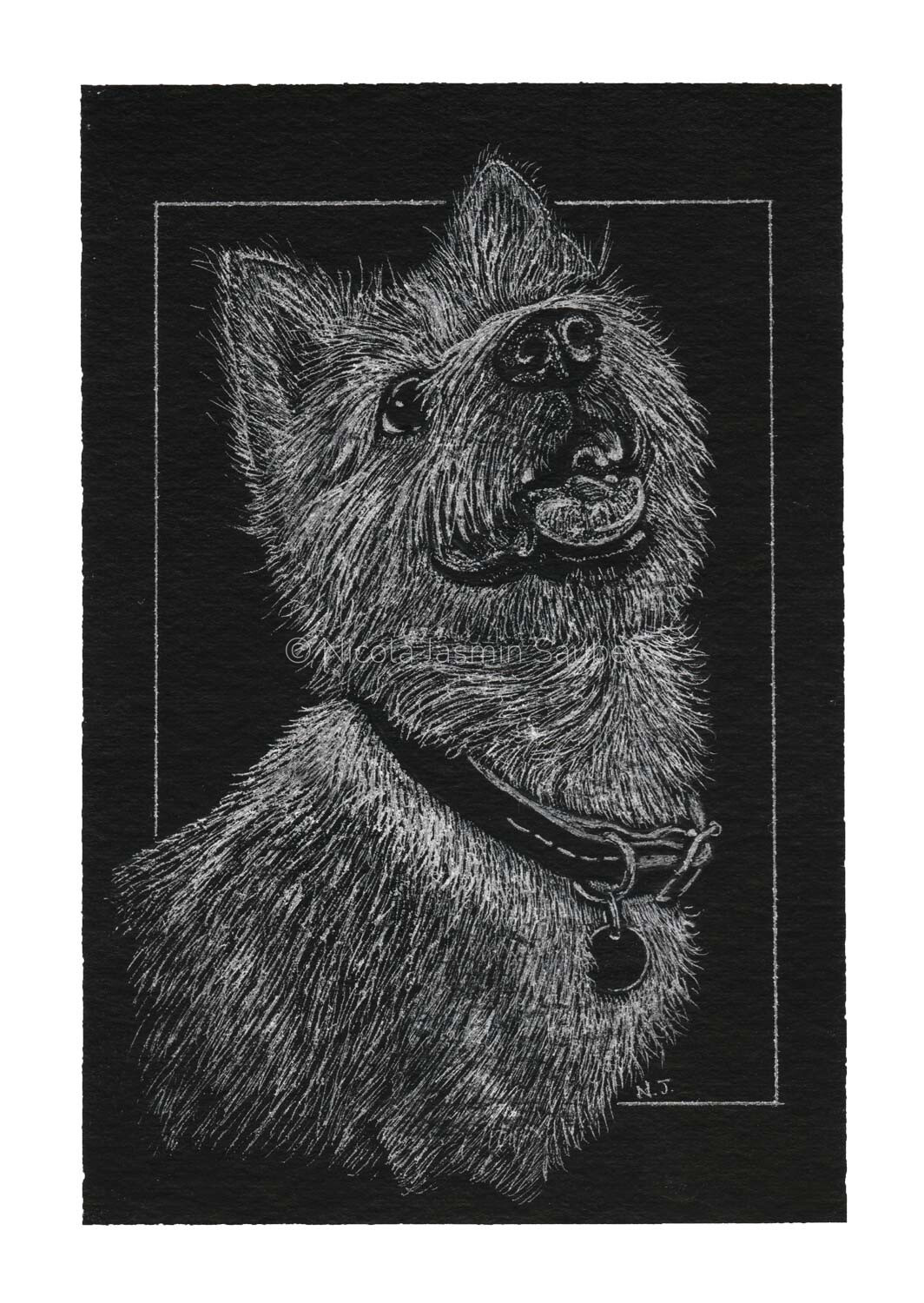 A heartwarming scratchboard pet portrait of a scruffy terrier-type dog looking upward with an open mouth, highlighting the fine etched textures of its wirehaired coat, expressive dark eyes, and a detailed buckled collar with a circular tag against a deep black background.